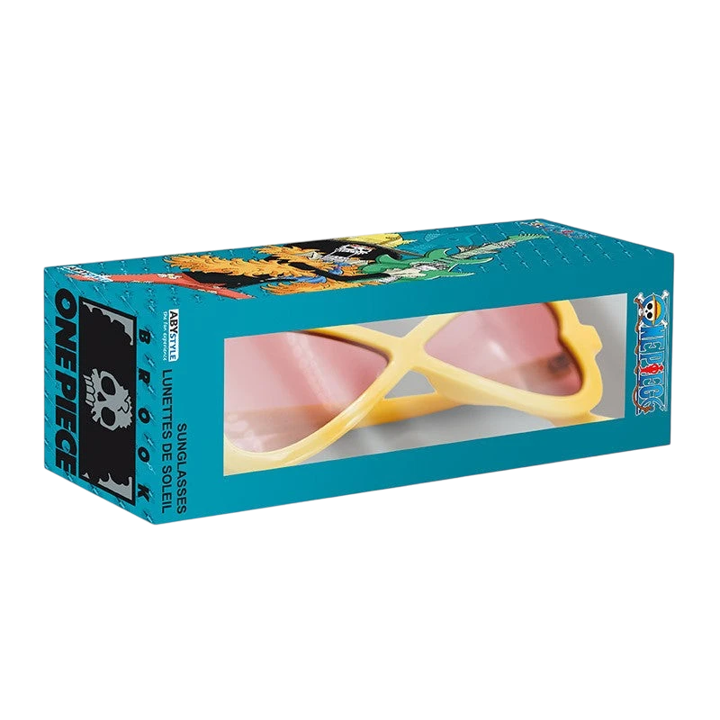 Lunettes de soleil réplique de Brook dans One Piece par NIPPON DOKI STORE, monture jaune dans sa boîte officielle.