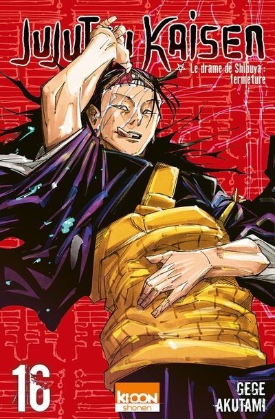 Couverture du manga Jujutsu Kaisen tome 16 chez NIPPON DOKI STORE avec le personnage Suguru Geto sur fond rouge