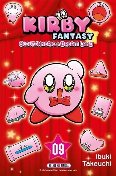 Couverture du manga Kirby Fantasy tome 9 par NIPPON DOKI STORE, montrant Kirby sur un fond de rideaux rouges.