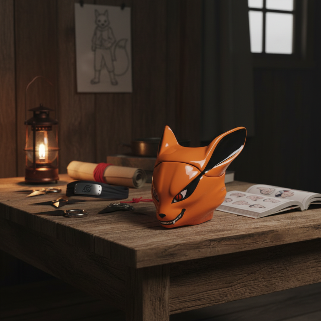 Mug 3D en céramique Kyubi orange de Naruto, produit officiel NIPPON DOKI STORE posé sur une table en bois.