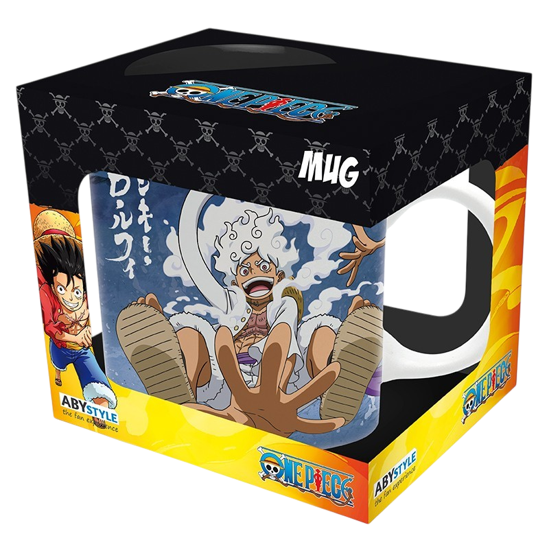Mug en céramique NIPPON DOKI STORE One Piece 320 ml illustré avec Luffy en forme Gear 5 Nika dans sa boîte cadeau