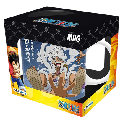 Mug en céramique NIPPON DOKI STORE One Piece 320 ml illustré avec Luffy en forme Gear 5 Nika dans sa boîte cadeau