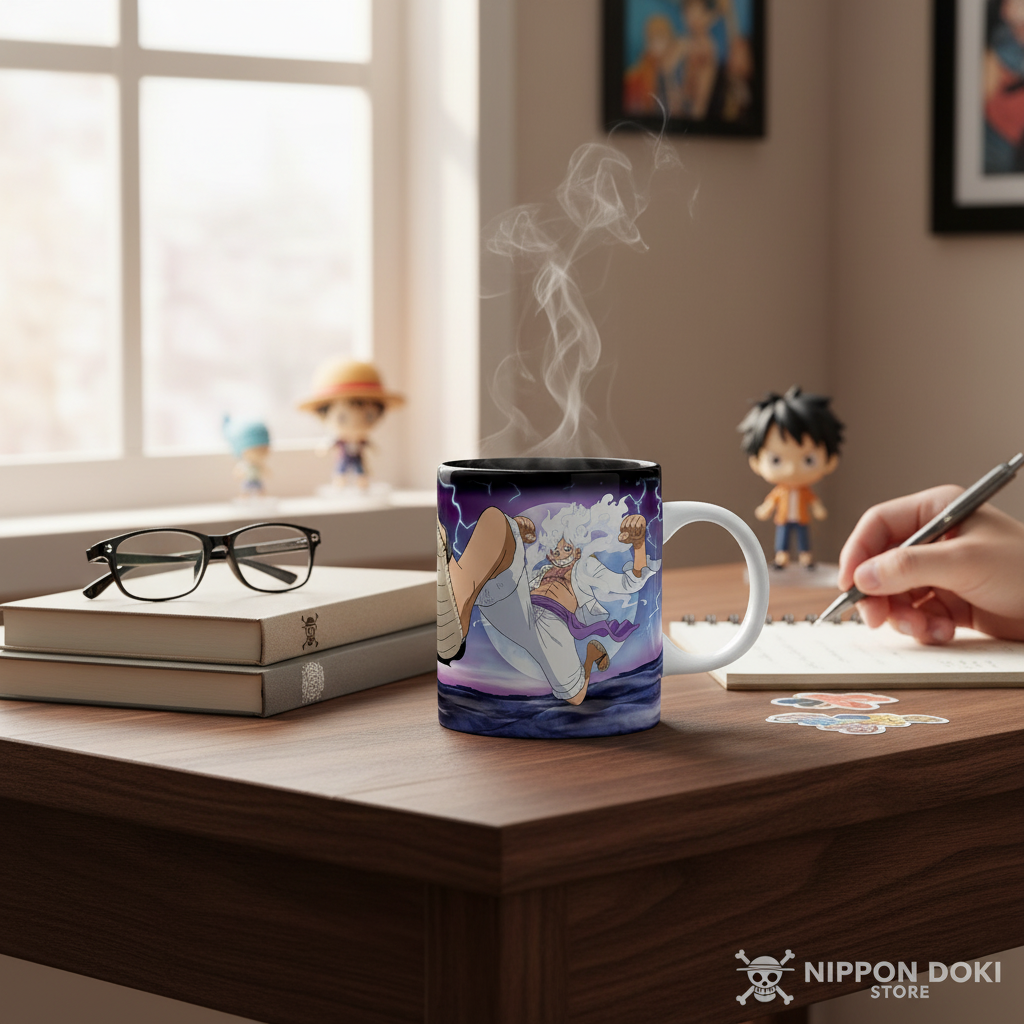 Mug en céramique NIPPON DOKI STORE de 320 ml illustré avec Luffy Nika de One Piece sur un bureau