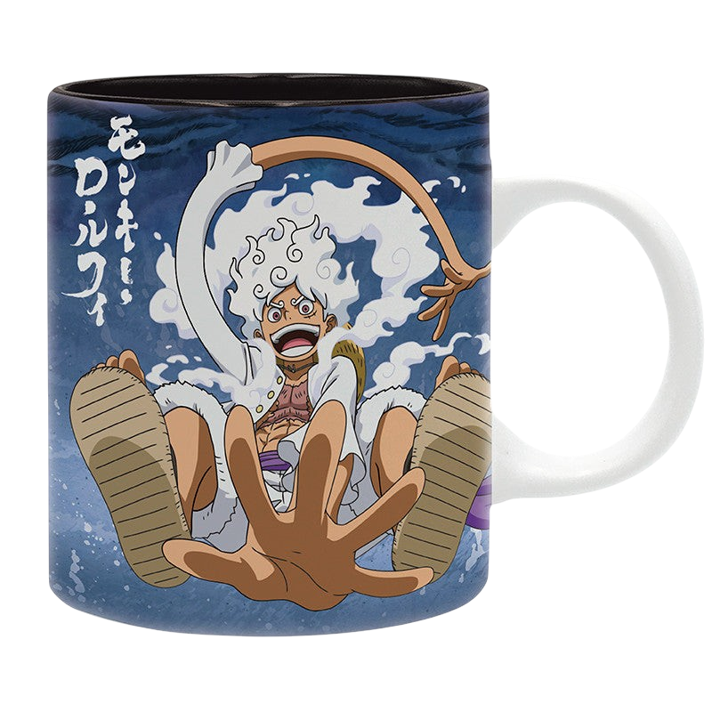 Mug en céramique NIPPON DOKI STORE de 320 ml illustré avec Luffy Gear 5 Nika de One Piece sur fond bleu