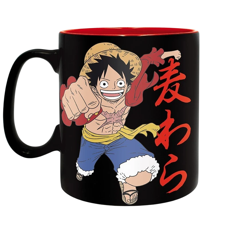 Mug en céramique NIPPON DOKI STORE de 460 ml noir et rouge avec illustration de Luffy de One Piece et calligraphie