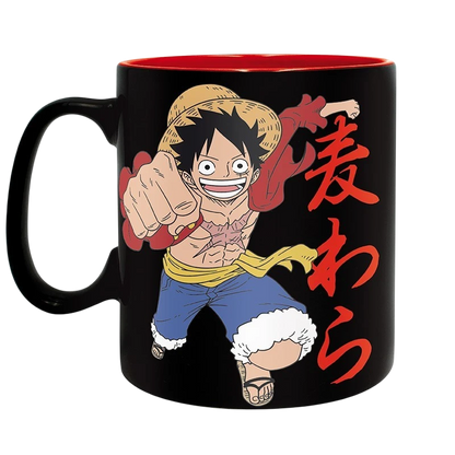 Mug en céramique NIPPON DOKI STORE de 460 ml noir et rouge avec illustration de Luffy de One Piece et calligraphie