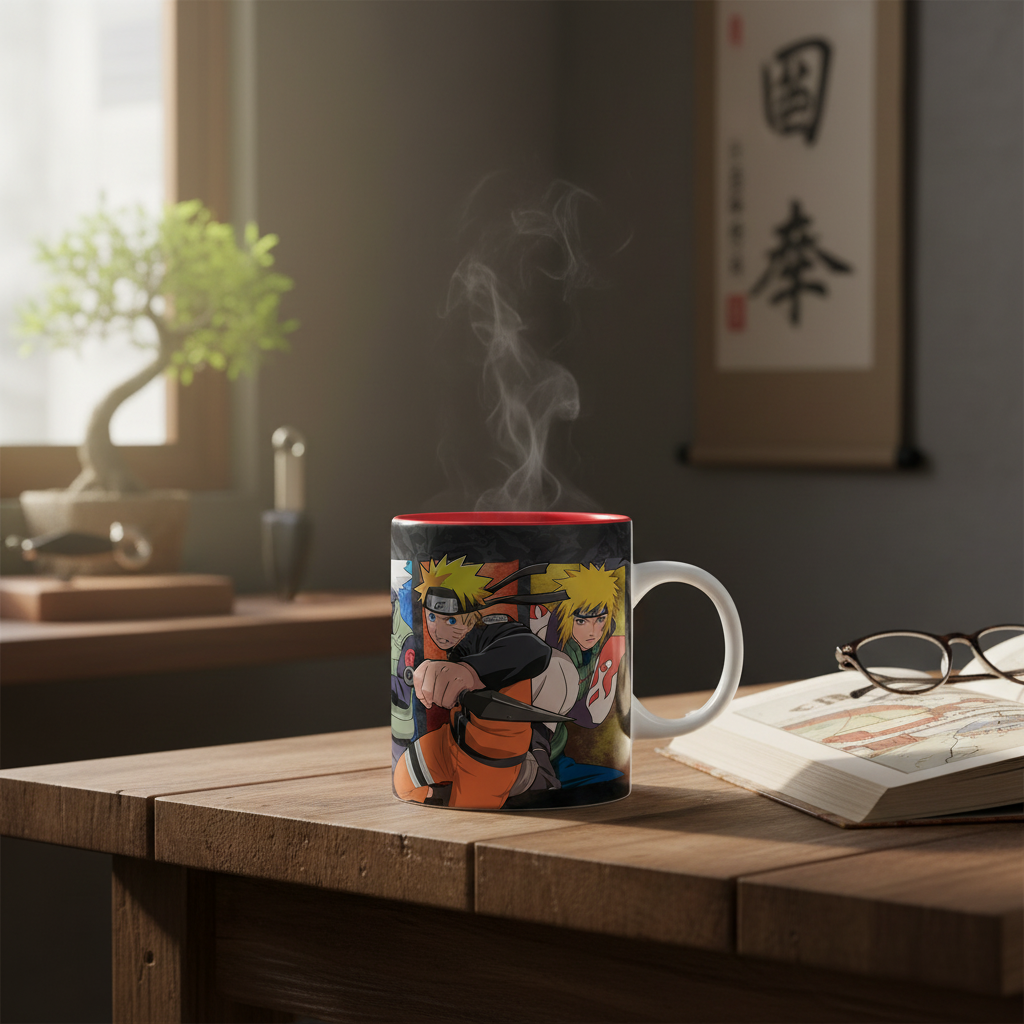 Mug en céramique NIPPON DOKI STORE Naruto 320 ml avec illustration de groupe sur fond noir et intérieur rouge fumant