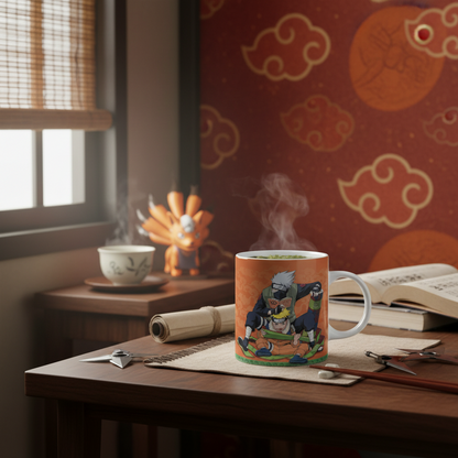 Mug en céramique NIPPON DOKI STORE Naruto illustré avec Kakashi et Naruto, posé sur une table en bois fumante
