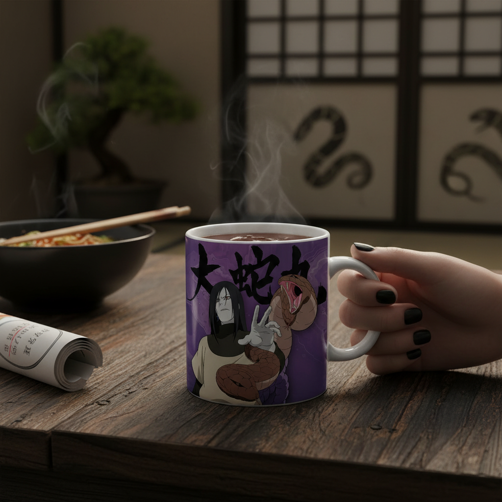 Mug en céramique NIPPON DOKI STORE Naruto de 320 ml illustré avec Orochimaru et son serpent sur fond violet