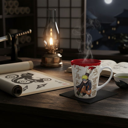 Mug en céramique NIPPON DOKI STORE Naruto Pinceau Ninja de 250 ml avec intérieur rouge sur une table en bois