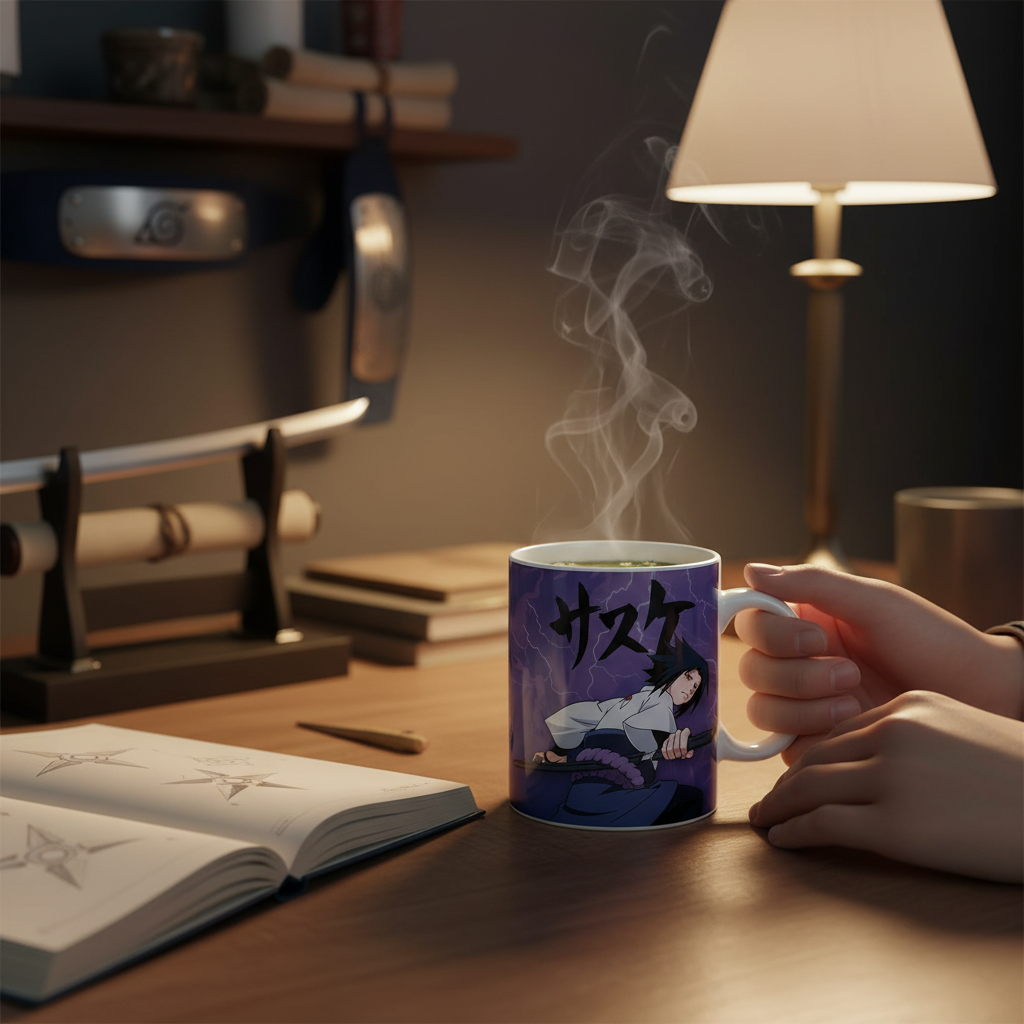 Mug en céramique NIPPON DOKI STORE Naruto 320 ml avec illustration de Sasuke sur fond violet et éclairs