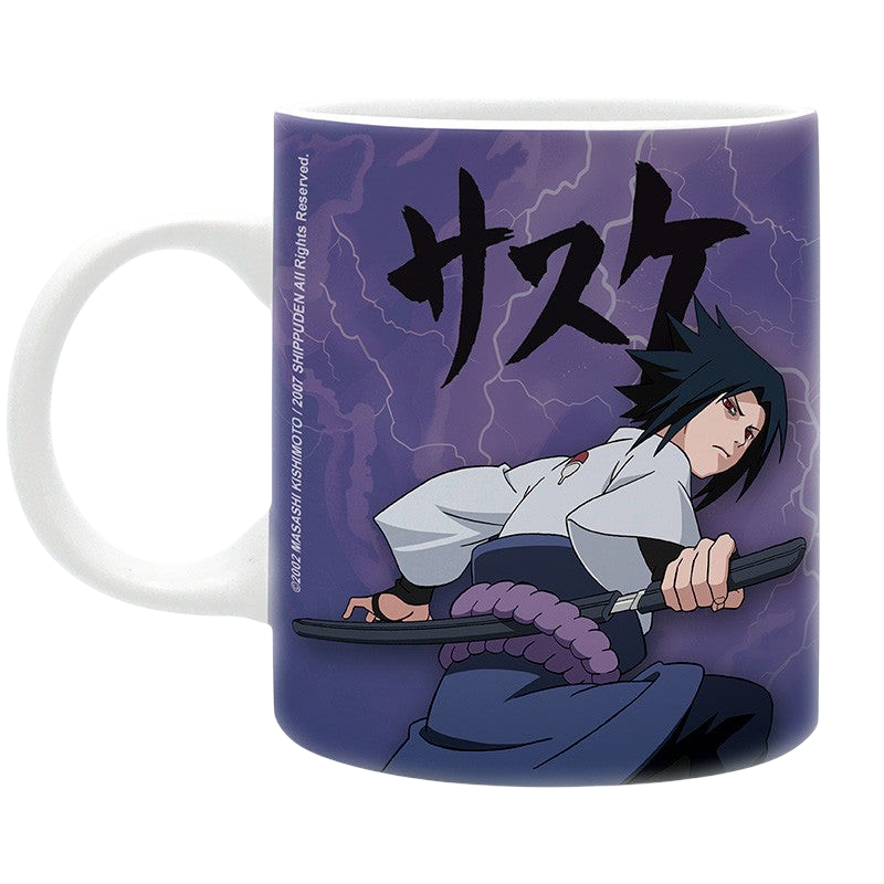 Mug en céramique NIPPON DOKI STORE Naruto de 320 ml illustré avec Sasuke Uchiha sur fond violet avec éclairs