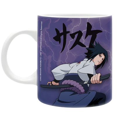 Mug en céramique NIPPON DOKI STORE Naruto de 320 ml illustré avec Sasuke Uchiha sur fond violet avec éclairs
