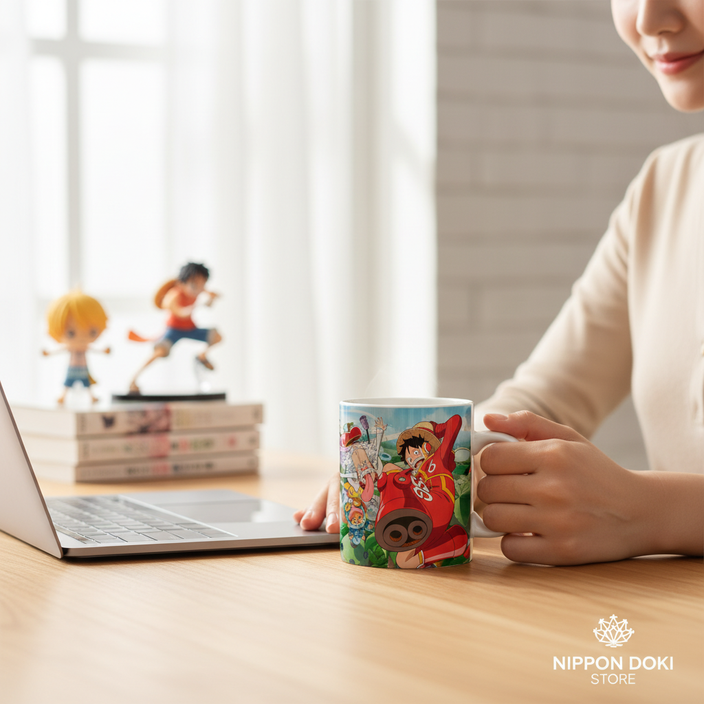 Mug en céramique NIPPON DOKI STORE de 320 ml illustré avec Luffy et Vegapunk de One Piece, posé sur un bureau.