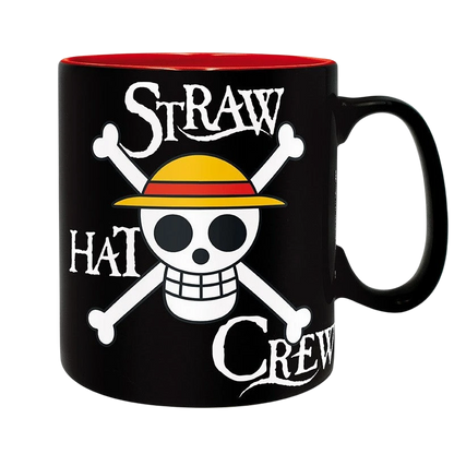 Mug en céramique noir NIPPON DOKI STORE avec logo tête de mort Luffy et inscription Straw Hat Crew