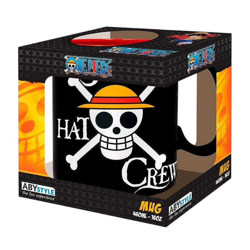 Mug en céramique NIPPON DOKI STORE One Piece 460ml noir avec logo Luffy et tête de mort dans sa boîte cadeau