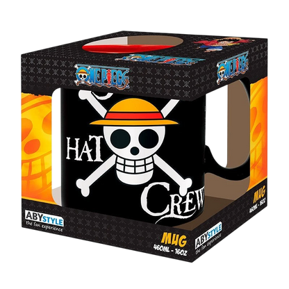 Mug en céramique NIPPON DOKI STORE One Piece 460ml noir avec logo Luffy et tête de mort dans sa boîte cadeau