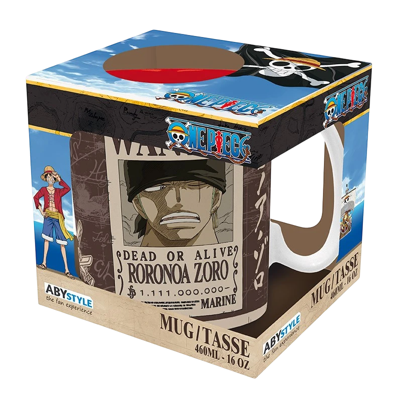 Mug en céramique NIPPON DOKI STORE One Piece 460 ml avec avis de recherche de Roronoa Zoro dans sa boîte officielle