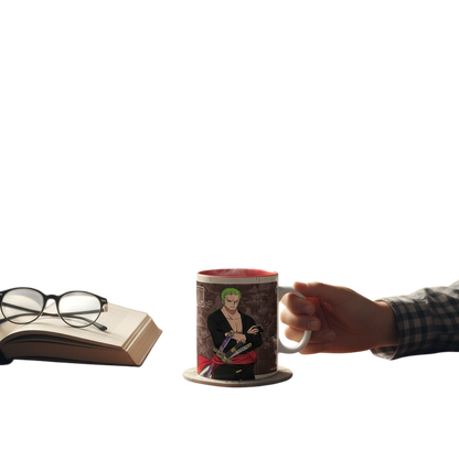 Mug en céramique NIPPON DOKI STORE 460ml One Piece Zoro Wanted avec intérieur rouge sur un bureau