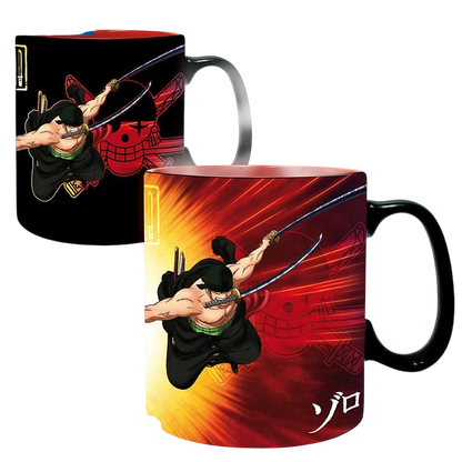 Mug thermo-réactif NIPPON DOKI STORE One Piece 460 ml en céramique illustré avec Zoro, changeant de couleur à chaud