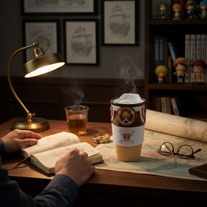 Mug de voyage en céramique NIPPON DOKI STORE Thousand Sunny One Piece avec couvercle sur un bureau d'explorateur