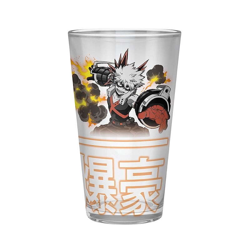 NIPPON DOKI STORE My Hero Academia XXL glass featuring Bakugo in action with Japanese kanji text, 400ml capacity.