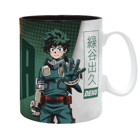 NIPPON DOKI STORE My Hero Academia ceramic mug featuring Deku in his hero suit with Japanese text and green accents