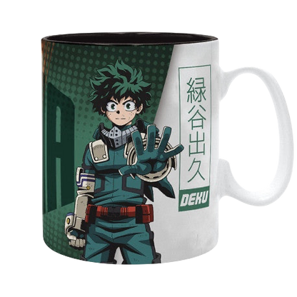 NIPPON DOKI STORE My Hero Academia ceramic mug featuring Deku in his hero suit with Japanese text and green accents