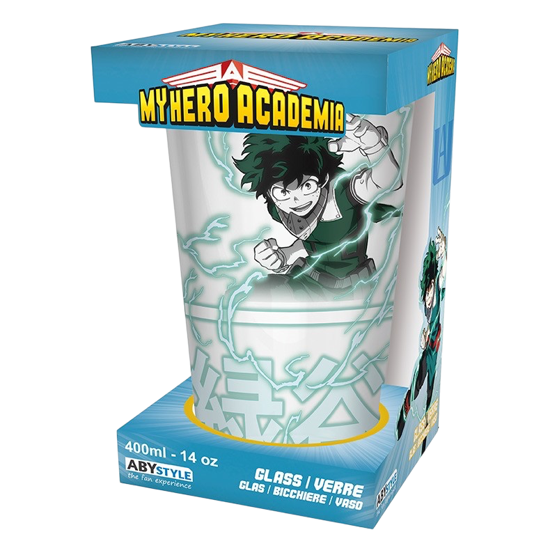 NIPPON DOKI STORE My Hero Academia 400ml glass featuring Izuku Midoriya and Katsuki Bakugo in official packaging.