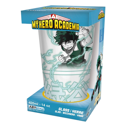 NIPPON DOKI STORE My Hero Academia 400ml glass featuring Izuku Midoriya and Katsuki Bakugo in official packaging.