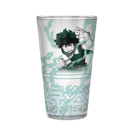 NIPPON DOKI STORE My Hero Academia XXL glass featuring Izuku Midoriya with green lightning effects, 400ml capacity.