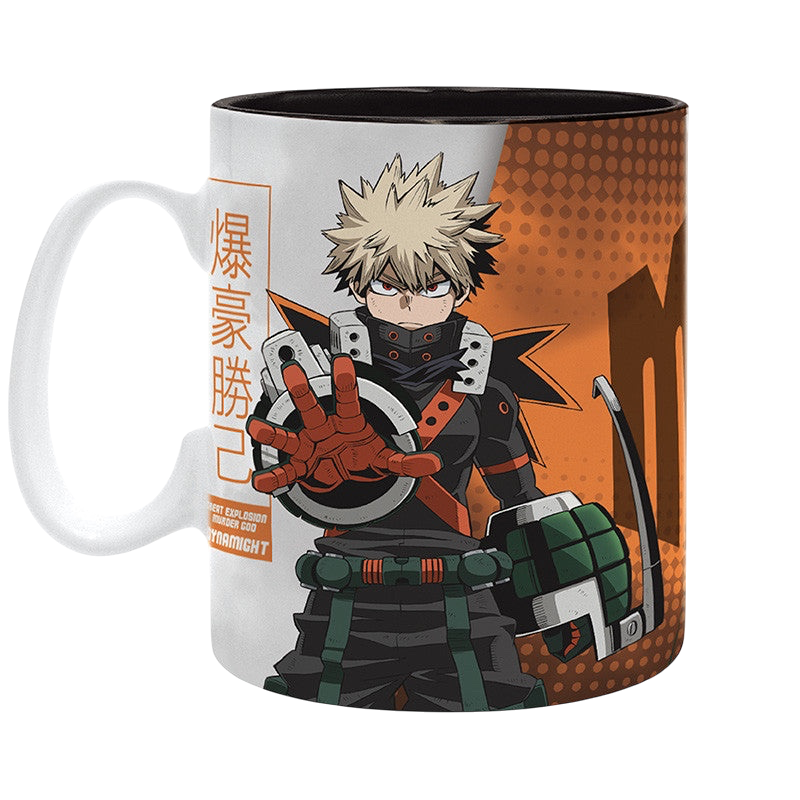 NIPPON DOKI STORE My Hero Academia ceramic mug featuring Dynamight Bakugo in an orange and black design