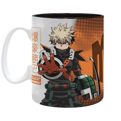 NIPPON DOKI STORE My Hero Academia ceramic mug featuring Dynamight Bakugo in an orange and black design