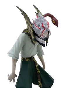 NIPPON DOKI STORE Okarun POP UP PARADE figurine from Dan Da Dan featuring detailed white hair and green kimono outfit