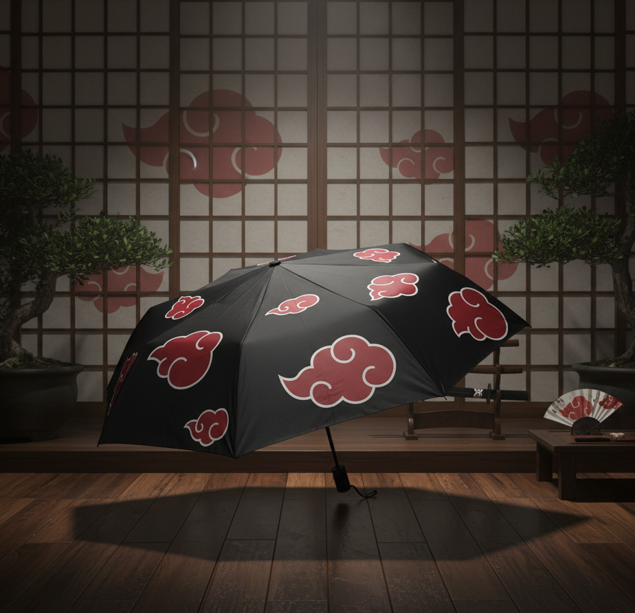 Parapluie noir NIPPON DOKI STORE avec motif de nuages rouges Akatsuki de Naruto, design officiel sous licence.