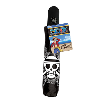 Parapluie noir pliable NIPPON DOKI STORE avec logo tête de mort One Piece et étiquette officielle Luffy