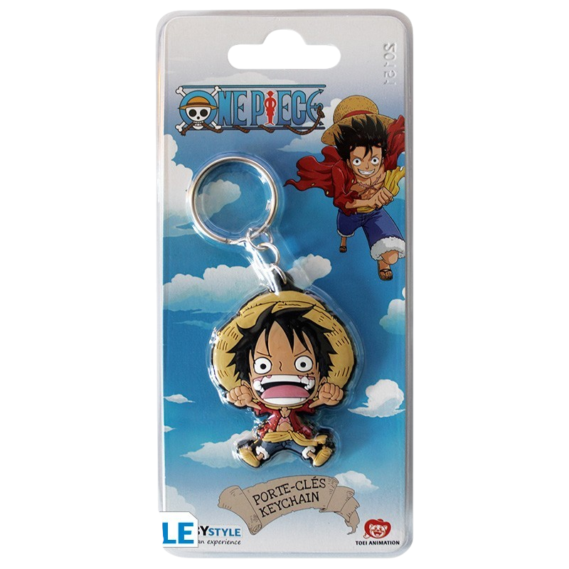 Porte-clés NIPPON DOKI STORE en PVC représentant Luffy en version SD de One Piece sur son emballage officiel