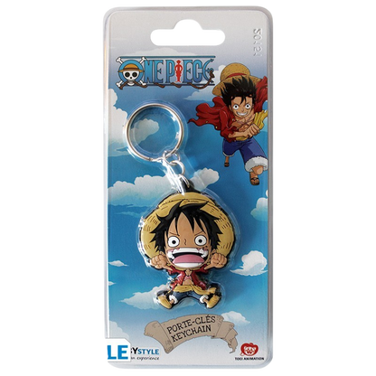 Porte-clés NIPPON DOKI STORE en PVC représentant Luffy en version SD de One Piece sur son emballage officiel