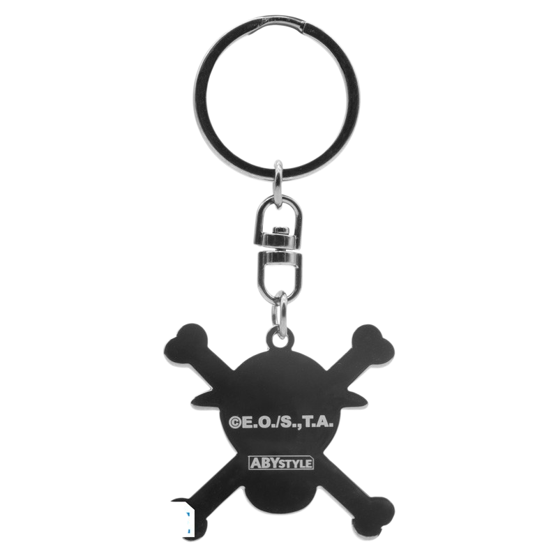 Porte-clés NIPPON DOKI STORE One Piece représentant le crâne de Luffy avec des os croisés en métal noir
