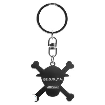 Porte-clés NIPPON DOKI STORE One Piece représentant le crâne de Luffy avec des os croisés en métal noir