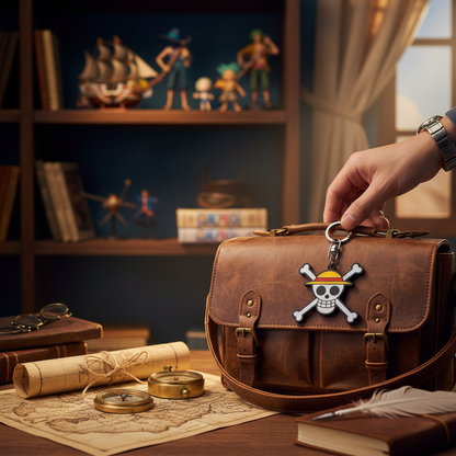 Porte-clés Skull Luffy One Piece NIPPON DOKI STORE accroché à un sac en cuir marron dans un décor d'aventure