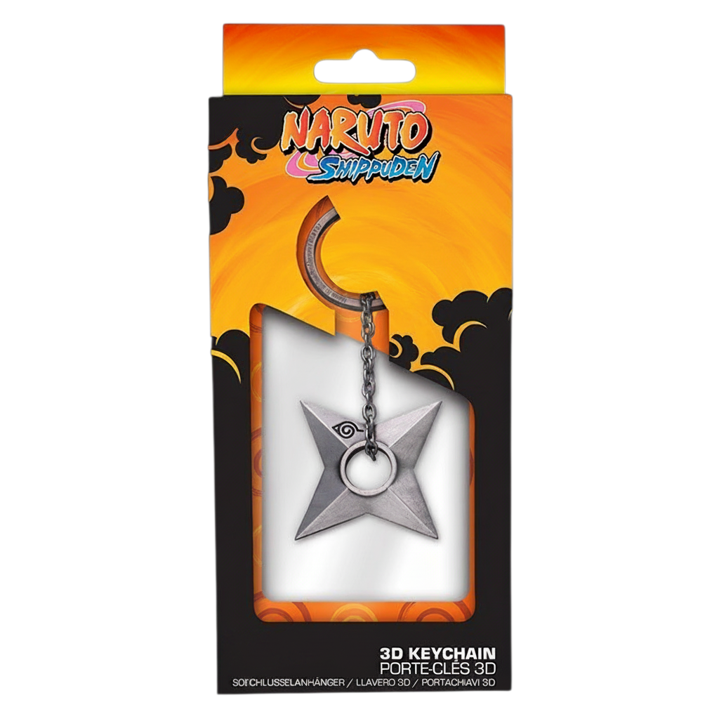 Porte-clés 3D en métal en forme de shuriken de Konoha Naruto sous licence officielle NIPPON DOKI STORE dans son emballage