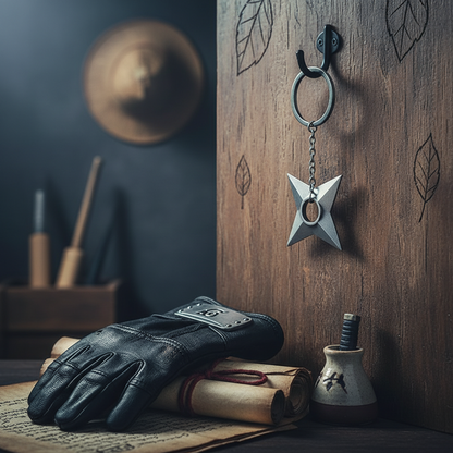 Porte-clés 3D Shuriken Konoha Naruto officiel par NIPPON DOKI STORE, accessoire en métal gris sur fond rustique