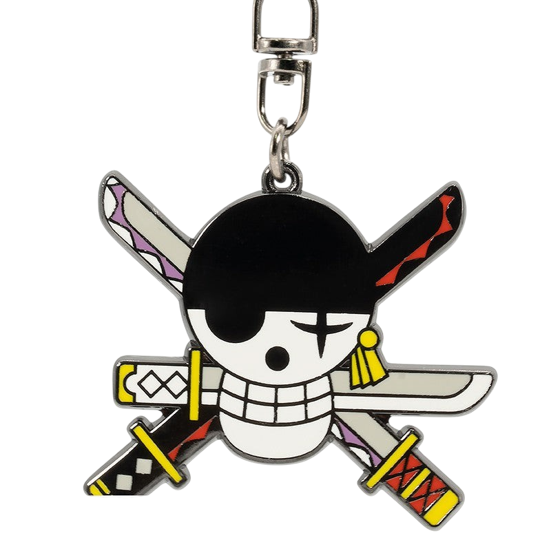 Porte-clés NIPPON DOKI STORE One Piece représentant le crâne de Zoro avec ses trois sabres croisés en métal émaillé