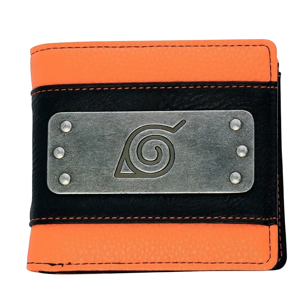 Portefeuille premium Naruto orange et noir avec plaque métallique du village de Konoha par NIPPON DOKI STORE