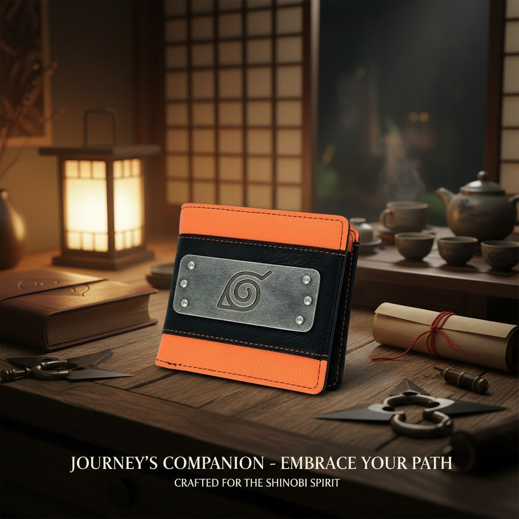 Portefeuille premium NIPPON DOKI STORE Naruto orange et noir avec plaque métallique du village de Konoha