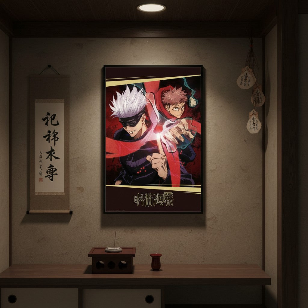 Poster mural Jujutsu Kaisen avec Itadori et Gojo, produit officiel NIPPON DOKI STORE dans un intérieur japonais.