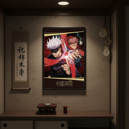 Poster mural Jujutsu Kaisen avec Itadori et Gojo, produit officiel NIPPON DOKI STORE dans un intérieur japonais.