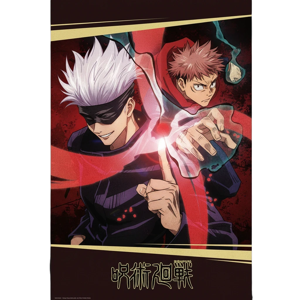 Poster mural Jujutsu Kaisen NIPPON DOKI STORE illustrant Yuji Itadori et Satoru Gojo sur fond rouge sombre