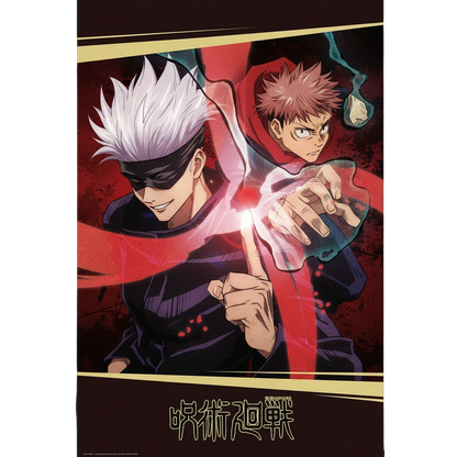 Poster mural Jujutsu Kaisen NIPPON DOKI STORE illustrant Yuji Itadori et Satoru Gojo sur fond rouge sombre